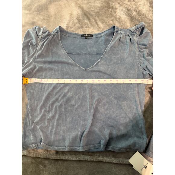 NWT 7 For All Mankind Top Women Large Blue Stone Wash V Neck Puff Sleeve Grunge - Picture 7 of 8